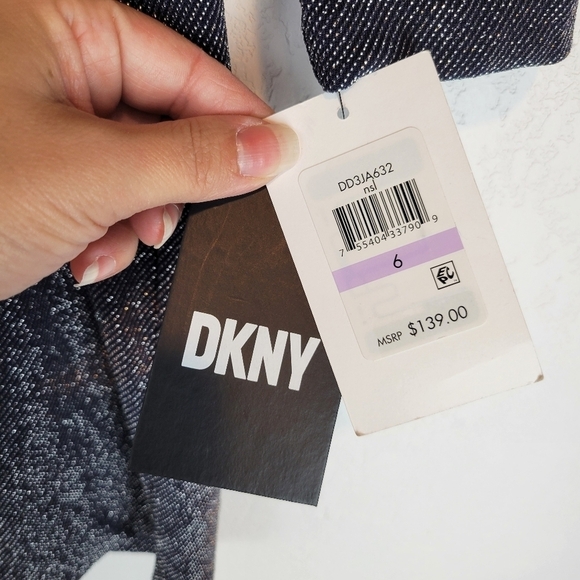 NWT DKNY Metallic Knit Surplice Mini Dress Navy/Silver Size 6 - Picture 12 of 15